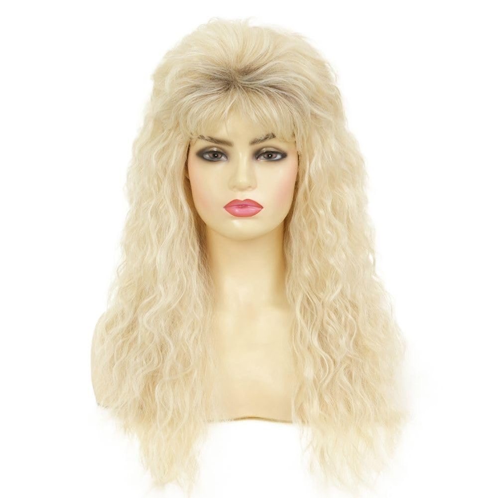 NWT Amnenl Blonde Long Curly 80s Rocker Wig W/ Bangs Synthetic Costume Women